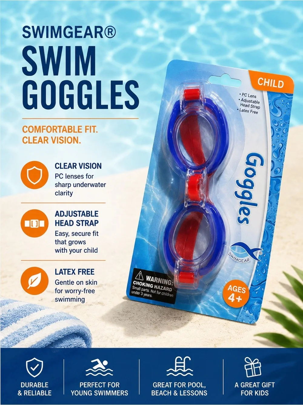 Kids Swim Goggles - Blue and Red 4+